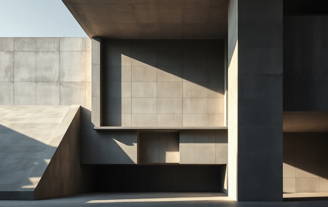 Brutalist residence with cantilevered volume and hard diagonal shadow
