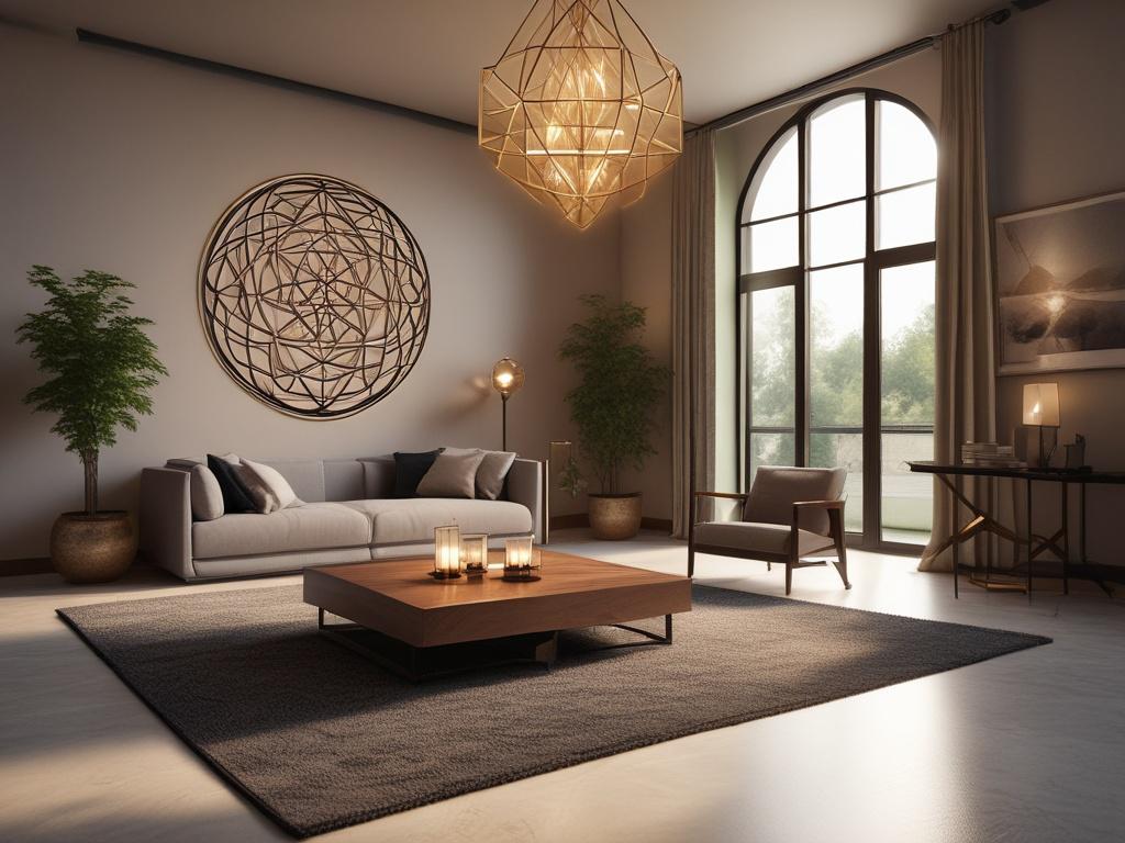 a beautifully designed modern home interior featuring sacred geometry elements,