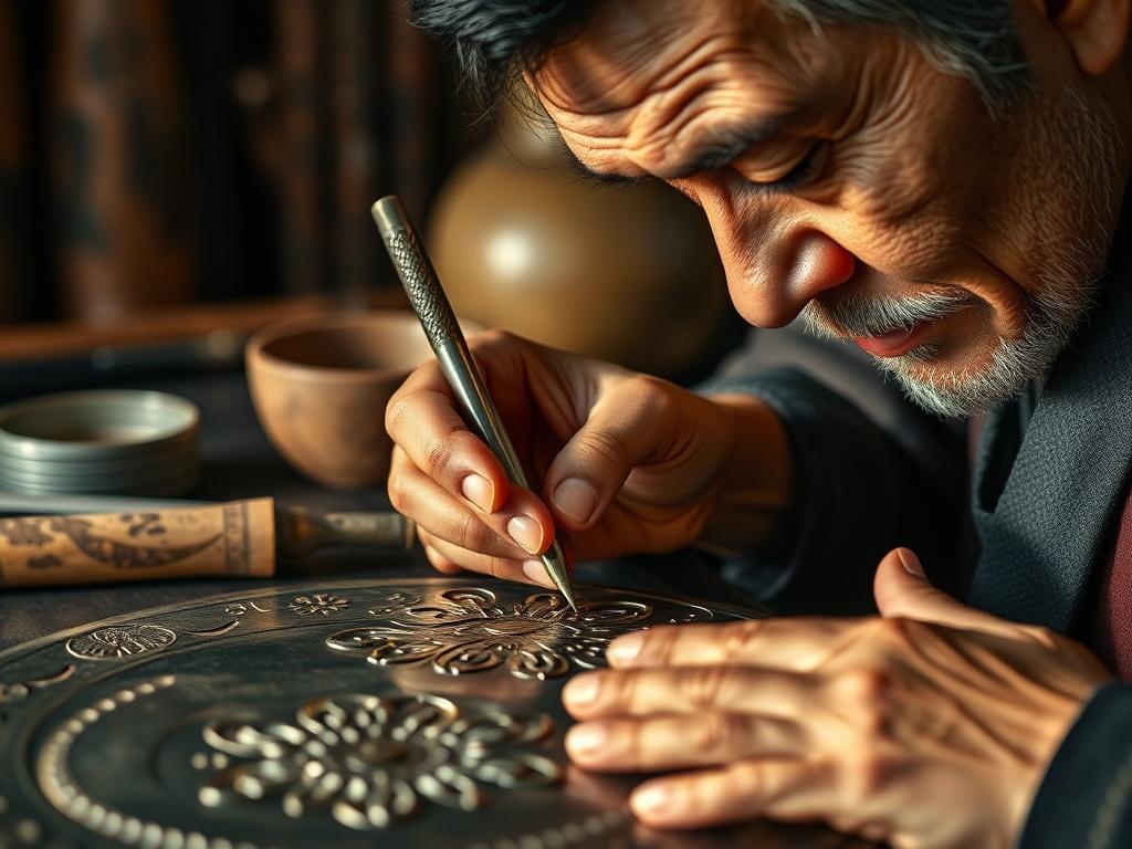 A close-up shot of a skilled artist hand-carving intricate designs into a metal surface, showcasing the craftsmanship of Chinkin art. The background features traditional Japanese tools and materials, softly blurred to highlight the artist's focused expression. The lighting is warm, enhancing the textures of the metal and the artist's hands.
