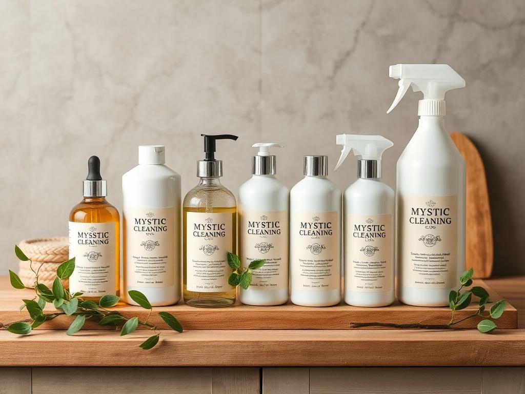 A high-resolution photo of a collection of eco-friendly cleaning products arranged aesthetically on a wooden countertop. The products are in elegant, reusable containers with natural labels, emphasizing their green credentials. A few green plants are placed nearby, symbolizing a commitment to sustainability. The image conveys a clean, fresh vibe that aligns with Mystic Cleaning Co.'s dedication to using family-safe cleaners, making it clear that a cleaner home can also be environmentally friendly.