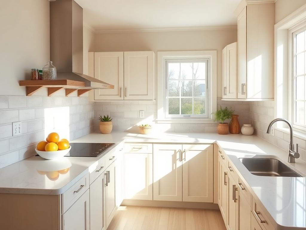 A stunning high-resolution photo of a bright and airy kitchen that has been meticulously cleaned and organized for a new homeowner. The countertops are spotless, and the sink shines with gleaming cleanliness. Fresh fruits in a bowl add a pop of color. Sunlight streams through the window, highlighting the immaculate cabinets and clean floors. This image represents the excitement of moving into a pristine space, showcasing how Mystic Cleaning Co. prepares homes for new beginnings.