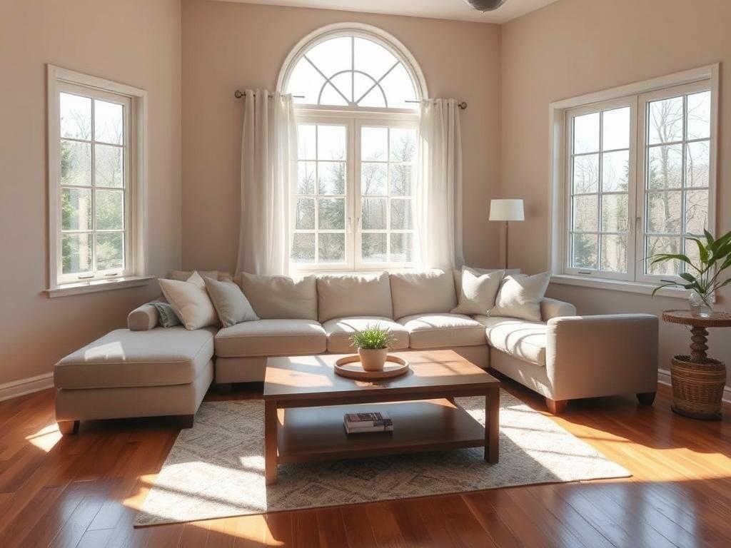 A high-resolution photo showcasing a beautifully cleaned living room after a deep clean. The room features a cozy couch with soft pillows, a clean coffee table with a small plant, and sparkling windows that allow natural light to flood in. The walls have a neutral tone, and the floor is polished hardwood, creating a warm and inviting atmosphere. The image captures a sense of freshness and tranquility, illustrating the effectiveness of Mystic Cleaning Co.'s deep cleaning services.