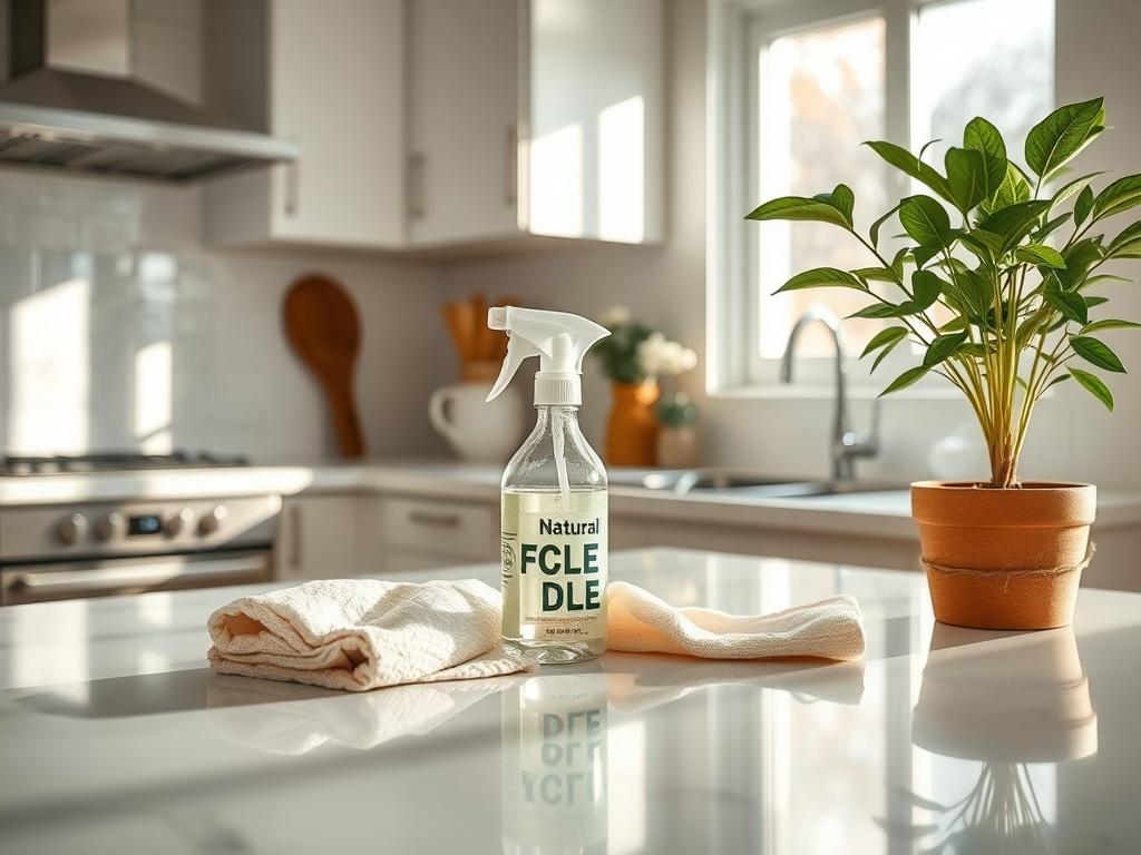 Create a realistic high-resolution photo of a pristine, brightly lit kitchen to reflect the blog titled "The Benefits of Deep Cleaning." The composition should focus on a single subject: a clean and organized countertop adorned with eco-friendly cleaning products. Include a spray bottle filled with a natural cleaning solution, a soft cloth, and a small potted plant for a touch of greenery. 

Ensure the background features a well-kept kitchen with polished countertops, gleaming appliances, and soft, natural 