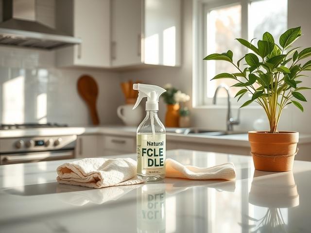 Create a realistic high-resolution photo of a pristine, brightly lit kitchen to reflect the blog titled "The Benefits of Deep Cleaning." The composition should focus on a single subject: a clean and organized countertop adorned with eco-friendly cleaning products. Include a spray bottle filled with a natural cleaning solution, a soft cloth, and a small potted plant for a touch of greenery. 

Ensure the background features a well-kept kitchen with polished countertops, gleaming appliances, and soft, natural 