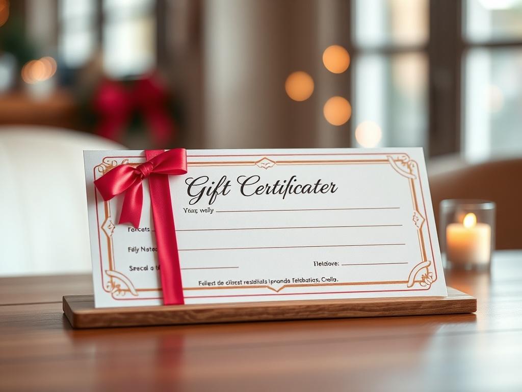 A realistic high-resolution image of a gift certificate displayed on a wooden table. The certificate should be elegantly designed, featuring a clean and modern aesthetic with soft colors that complement the rgb(85, 141, 151) primary color. The background should be softly blurred to emphasize the certificate, with gentle lighting creating a warm and inviting atmosphere.