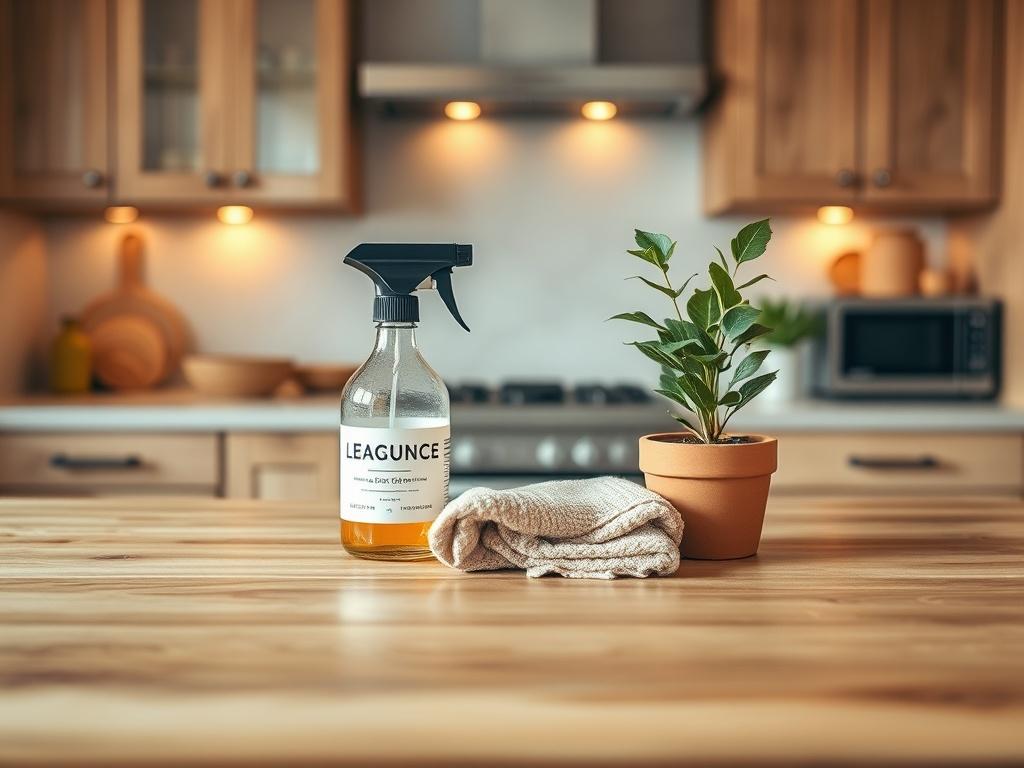Create a realistic high-resolution image for a blog titled "5 Tips for a Cleaner Home." The composition should be simple and clear, focusing on a single subject: a sparkling clean kitchen countertop. The counter should be made of natural wood or stone, displaying a few carefully arranged eco-friendly cleaning products, such as a spray bottle labeled with natural ingredients, a cloth made from organic material, and a potted plant for a touch of greenery. 

The background should feature warm, earthy tones, hi