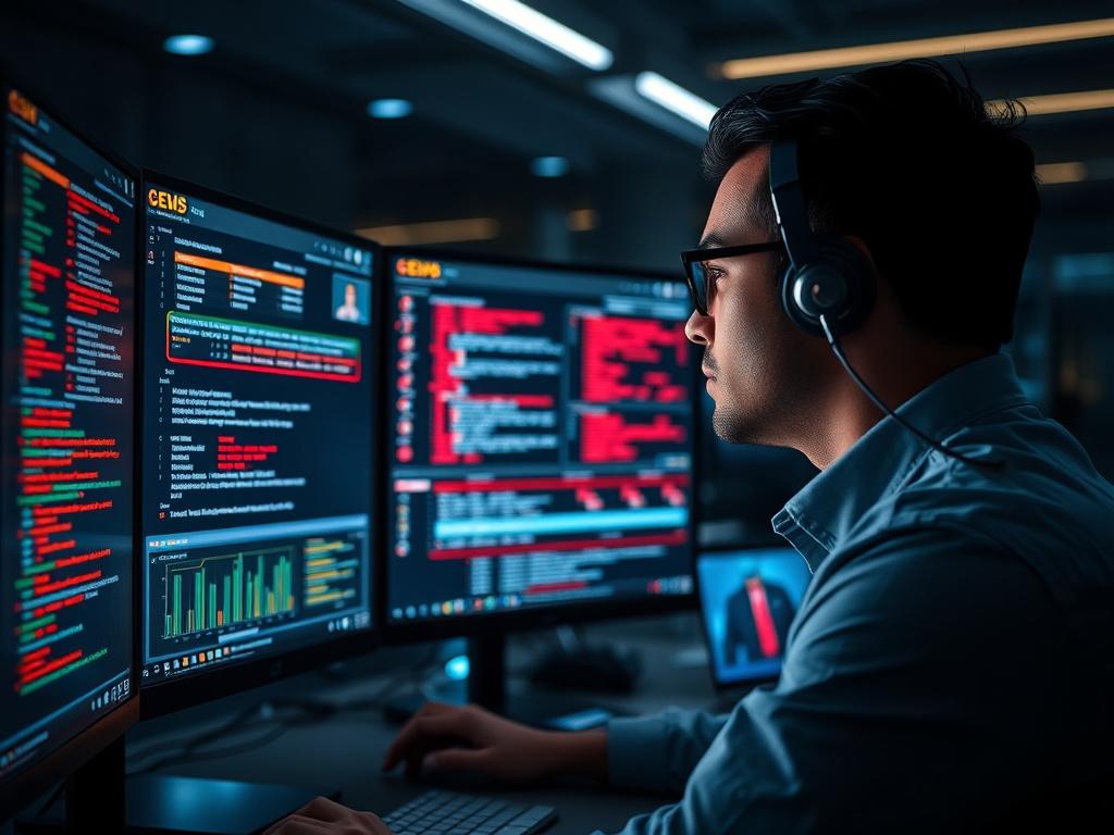 A high-resolution image showcasing a cybersecurity professional monitoring a computer screen filled with security data and alerts. The individual is focused and analyzing the information. The background features a modern office setup with dim lighting, emphasizing the glow from the screens. The color scheme includes luminous highlights, reflecting a high-tech atmosphere, and the primary color rgb(243, 115, 33) is subtly incorporated into the design.