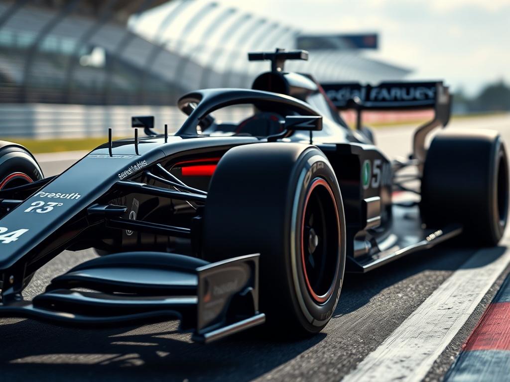 A hyper-realistic close-up shot of a sleek black Formula 1 racecar, showcasing its aerodynamic design and intricate details. The background is a blurred racetrack, emphasizing the speed and performance of the car. The lighting highlights the glossy finish of the racecar, creating a striking contrast with the road. The composition is simple, focusing solely on the racecar as the main subject.