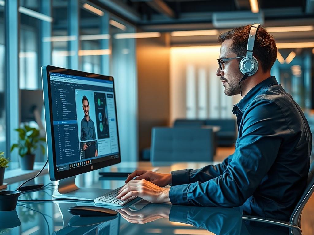 A technician assisting a client remotely via a computer screen, showcasing a modern office environment. The background features sleek furnishings and technology, creating a professional atmosphere. The technician appears focused and engaged, reflecting a sense of urgency and expertise. The image should highlight the interaction between the technician and the client, with a clear view of the computer screen displaying a support interface.