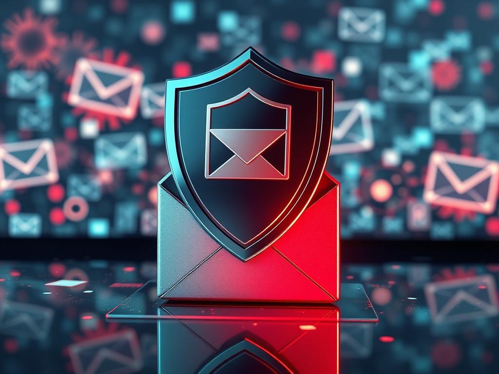 A visual representation of email security, featuring a shield icon symbolizing protection over a digital inbox. The background includes abstract representations of emails and potential threats like viruses and phishing attempts. The overall tone should convey safety and security in a modern, digital landscape. Focus on the shield and inbox to emphasize the importance of email protection.