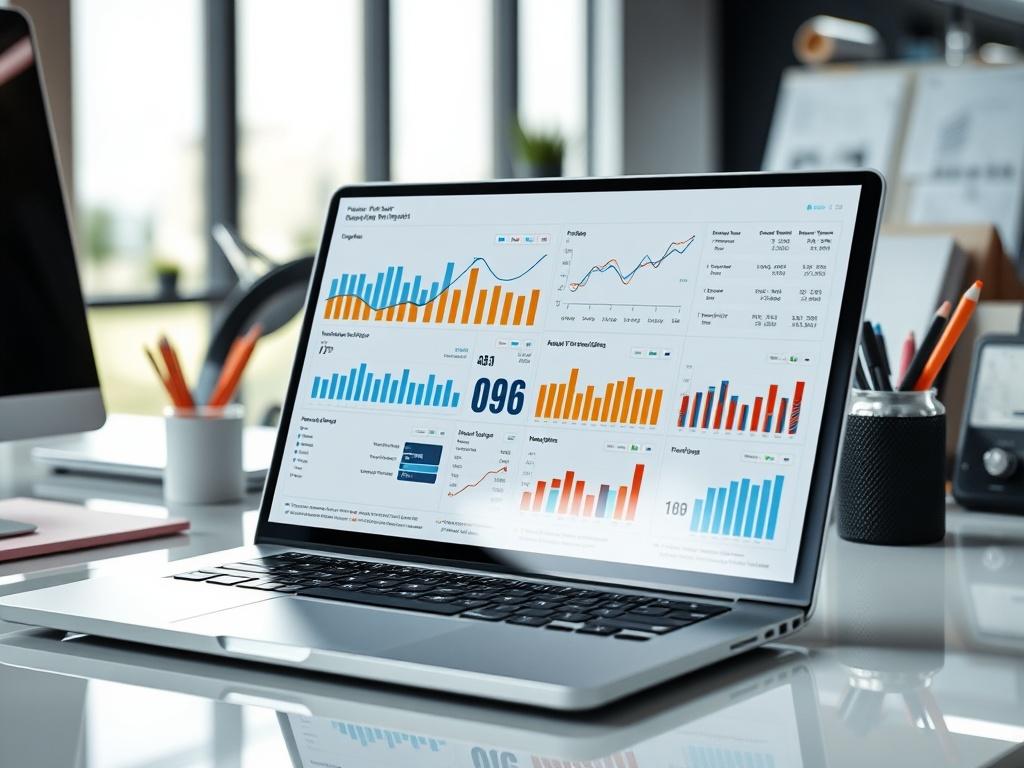 A detailed report displayed on a modern desktop, showcasing graphs, charts, and performance metrics. The setting includes a clean, well-organized workspace with a laptop and office supplies. The background should convey a sense of professionalism and clarity, emphasizing the importance of data in decision-making. The report should be visually engaging, highlighting the key elements of IT performance.