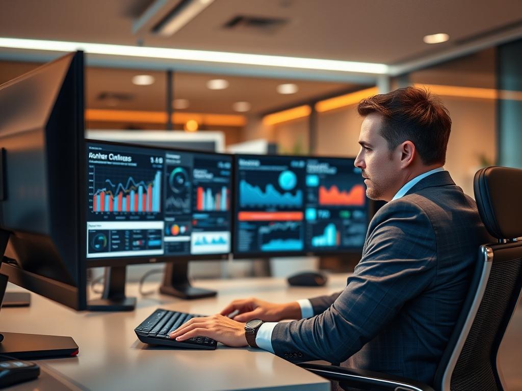 A close-up shot of a professional IT Executive sitting at a modern office desk, surrounded by advanced technology like dual monitors displaying data analytics and cybersecurity dashboards. The executive is actively engaged in a discussion, showcasing confidence and expertise. The background features a sleek, organized workspace with soft ambient lighting, reflecting a contemporary corporate environment. The color scheme includes warm tones that complement the primary color rgb(193, 153, 87).