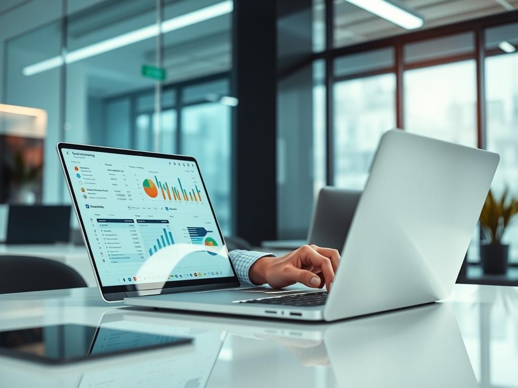A high-resolution image of a professional project manager working remotely, focused on a laptop with complex project management software open. The workspace is modern and sleek, with a bright, well-lit environment. The background features a subtle hint of financial charts and graphs, emphasizing the connection to financial institutions. The overall composition is clean and organized, reflecting efficiency and professionalism. The color scheme should harmonize with rgb(243, 115, 33) to create a warm and invi