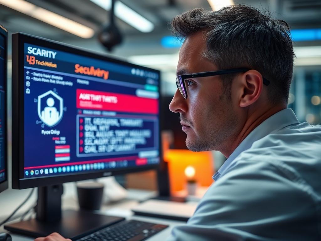 Close-up shot of a professional IT technician analyzing a computer screen displaying security threat alerts, with a focus on the technician's attentive expression. The background should be a modern office environment, showcasing technology and security tools. The lighting should be bright and clear, emphasizing the serious nature of the task. The color scheme should align with rgb(193, 153, 87) to create a cohesive look.