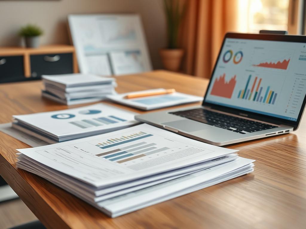 A high-resolution image featuring a well-organized workspace with a modern desk. On the desk, there are neatly stacked paper reports, some open, showing graphs and data. A laptop is positioned next to the reports, displaying a digital dashboard. The background is softly blurred to keep the focus on the reports and laptop, and the overall color palette includes warm tones that blend with the primary color rgb(193, 153, 87). The lighting is natural and bright, creating an inviting and professional atmosphere.