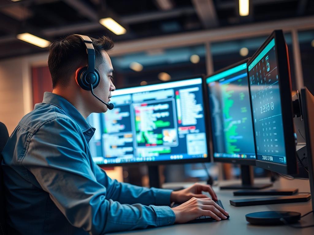 A close-up shot of a technician providing remote support, seated at a modern desk with multiple monitors displaying technical data and remote connections. The setting is well-lit, conveying a professional atmosphere. The technician is focused on the screen, with a headset on, reflecting a sense of concentration and expertise. The background features subtle elements of technology and networking, emphasizing the remote support theme. The image should have a warm, inviting color palette compatible with the pri
