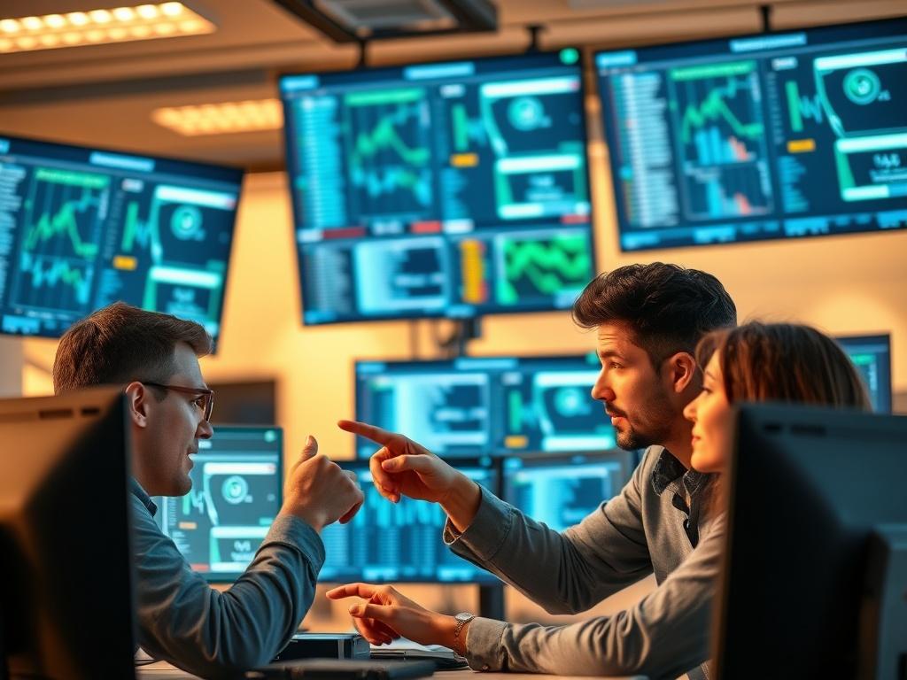 A close-up shot of a helpdesk team in action, surrounded by multiple screens displaying network monitoring data. The team is collaborating, pointing at the screens with expressions of focus and determination. The background is slightly out of focus to emphasize the teamwork and technology. The lighting is warm, creating an inviting atmosphere that complements the primary color rgb(243, 115, 33).
