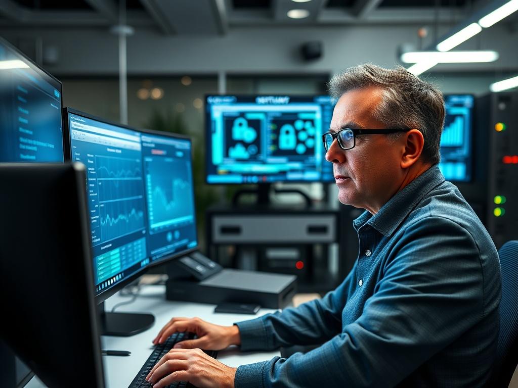 A realistic high-resolution photo depicting a cybersecurity professional focused on managing a firewall and switch system. The subject is a middle-aged person, wearing a smart-casual outfit, working intently at a computer with multiple screens displaying network diagrams and security analytics. The background is a modern office space with subtle technology-themed decor. The lighting is bright and professional, emphasizing a sense of security and efficiency.