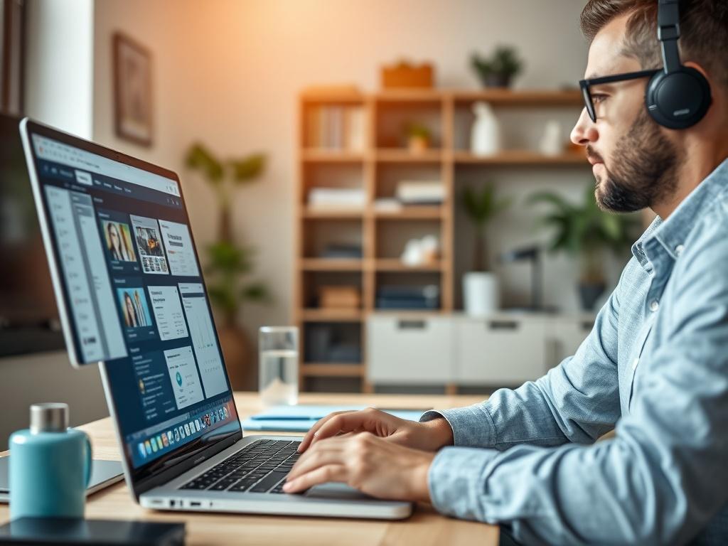 A focused close-up shot of a project manager working remotely on a laptop, surrounded by digital project management tools displayed on the screen. The setting should be a modern home office with a clean and organized workspace. Soft natural lighting should illuminate the scene, highlighting the project manager's concentration and professionalism. The color scheme of the image should complement the primary color rgb(193, 153, 87), creating a cohesive visual representation of Virtual Project Management.