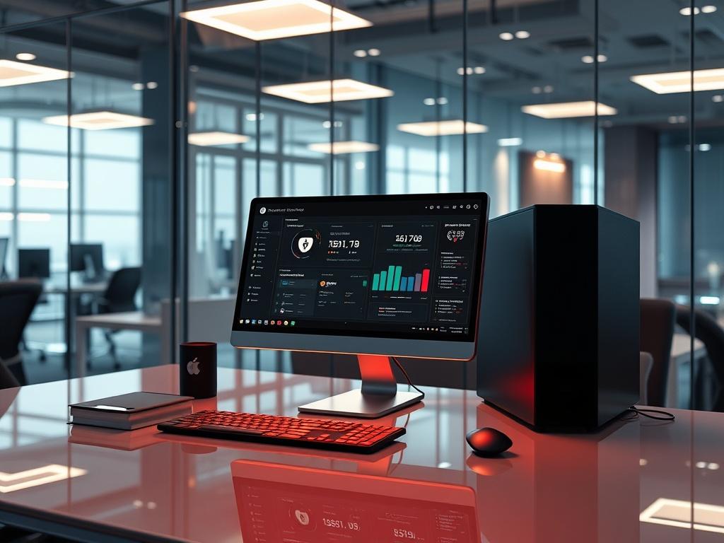A high-resolution image showcasing a sleek modern computer setup with a glowing screen displaying a security dashboard. The background features a bright, ultra-shiny office environment with luminous highlights reflecting off glass surfaces. The computer should be the focal point, emphasizing the protection aspect, with a subtle hint of the SentinelOne logo integrated into the design.
