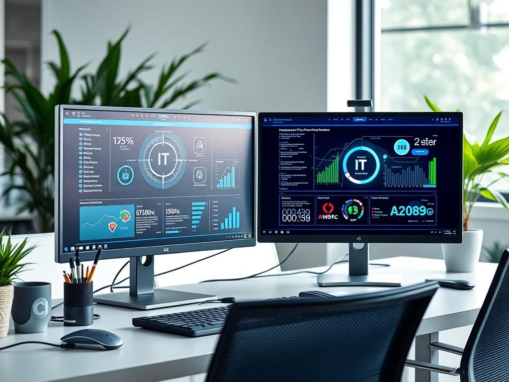 A realistic high-resolution close-up shot of a modern office workspace, featuring a sleek computer setup with dual monitors displaying advanced IT solutions and graphics. The background should be minimalistic, focusing on the workspace's organization and technology, with a hint of greenery to convey a fresh environment. The lighting should be bright and inviting, emphasizing the professionalism and innovation of the IT industry.