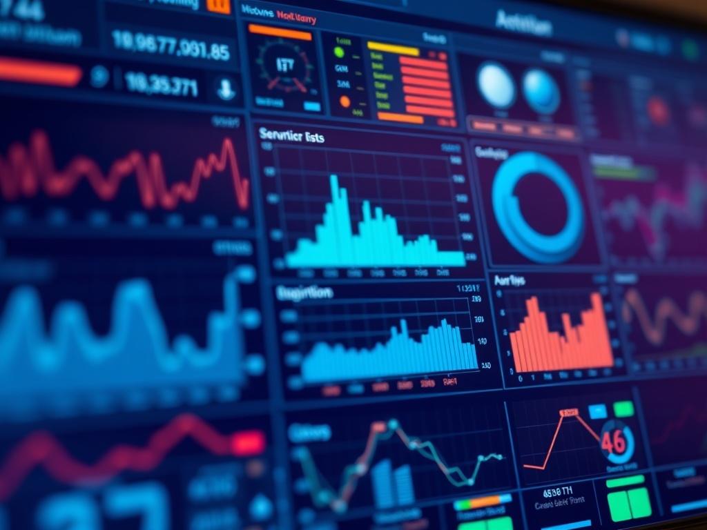 A hyper-realistic close-up shot of a network monitoring dashboard displaying real-time data and alerts. The dashboard should feature graphs, metrics, and network maps to depict active monitoring. The background should be softly blurred to highlight the dashboard, with a color palette that complements the primary color rgb(193, 153, 87). The image should convey a sense of advanced technology and reliability.