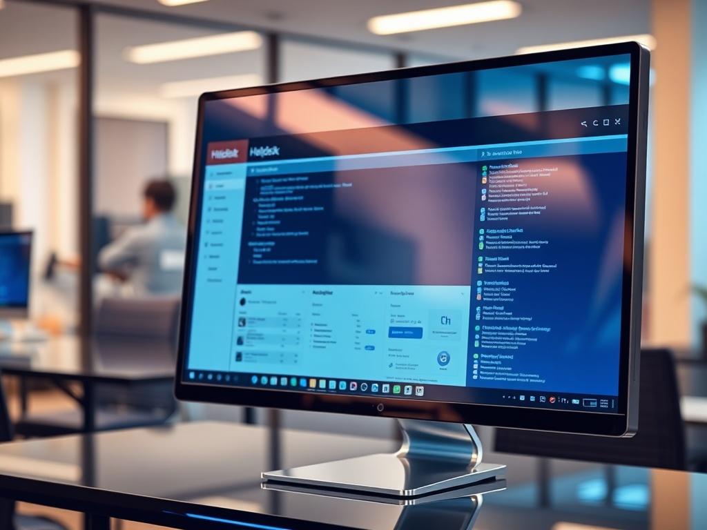 A high-resolution image showcasing a sleek helpdesk interface on a modern computer screen, with a subtle reflection highlighting its glossy surface. The background should be a blurred office environment to convey a professional atmosphere. The color scheme should incorporate the primary color rgb(243, 115, 33), enhancing the overall aesthetic of efficiency and technology.