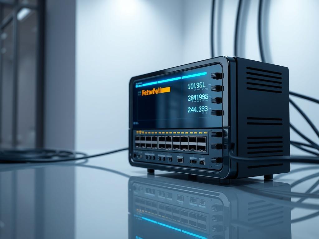 A hyper-realistic high-resolution image depicting a modern firewall and network switch setup in a sleek, professional environment. The focus is on the firewall device with luminous highlights and glossy surfaces, showcasing its advanced technology features. The background is simple and clean, emphasizing the device, with a hint of network cables subtly arranged to suggest connectivity. The overall color scheme aligns with the primary color rgb(243, 115, 33), enhancing the visual appeal.