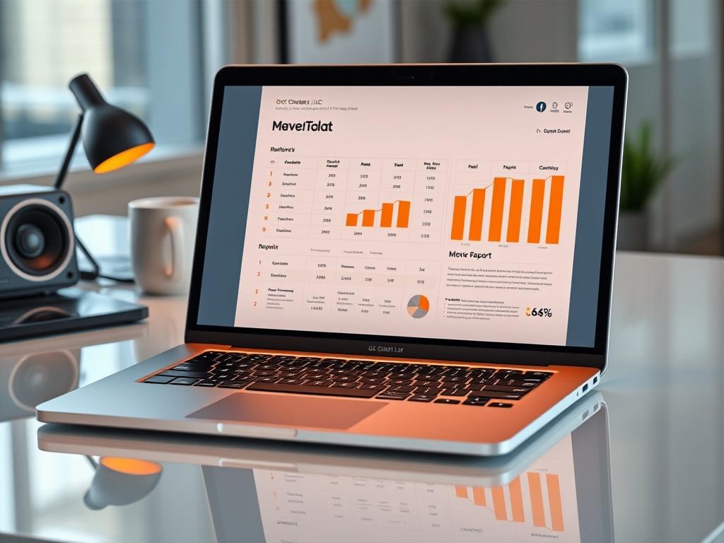 A high-resolution image of an open laptop displaying a detailed monthly report on the screen. The background should be clean and professional, featuring a desk with modern accessories. The surfaces should reflect light in a glossy manner, with orange highlights to reflect OC Cubed, LLC's branding.