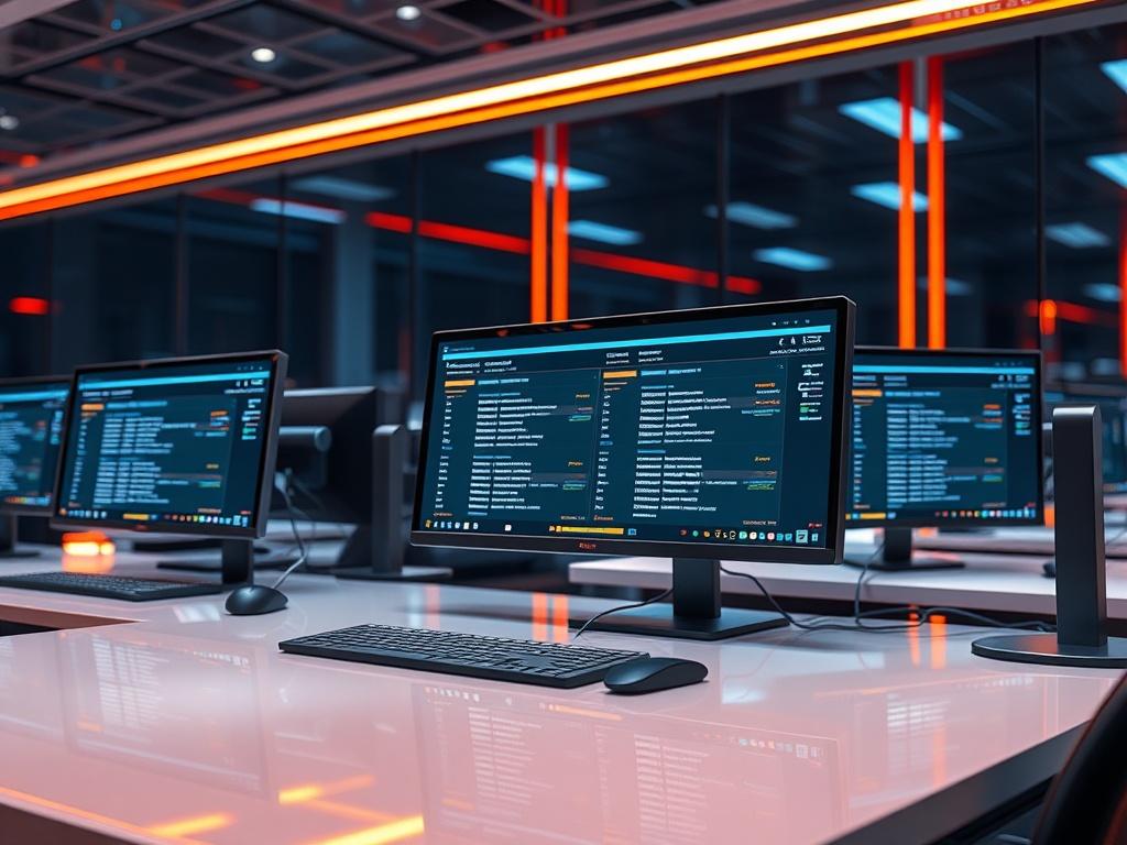 A hyper-realistic image of a modern helpdesk setup featuring multiple computer screens displaying support tickets. The environment should be sleek and contemporary, with a luminous highlight reflecting off the surfaces. The color palette should include shades of orange to match the primary color of OC Cubed, LLC.