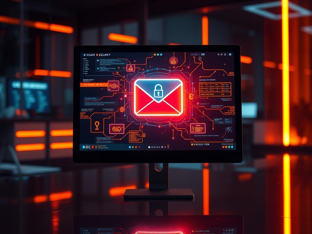 A hyper-realistic image showcasing a secure email environment on a computer screen, with vibrant graphics indicating protection and security. The setting should be well-lit and modern, emphasizing a sense of safety and high-tech protection with orange accents to align with OC Cubed, LLC’s theme.