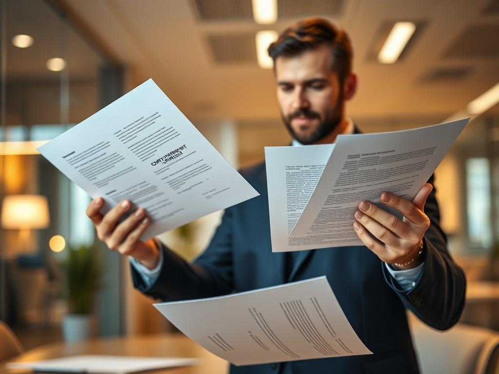 A focused close-up shot of a professional individual juggling multiple contracts and documents in an office setting. The person should appear engaged and adept, showcasing their skill in managing various agreements. The background should be a sleek modern office with a blurred effect to emphasize the individual and the contracts. The lighting should be warm and inviting, reflecting a productive work atmosphere. The color scheme should harmonize with the primary color rgb(193, 153, 87).