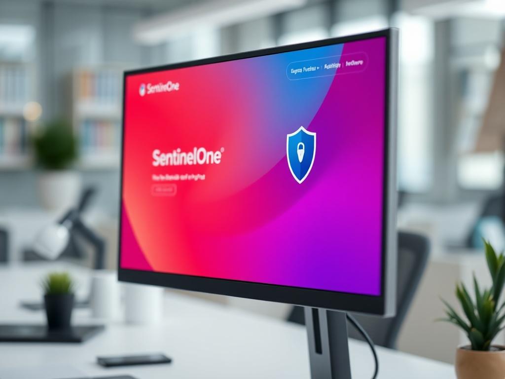 A close-up shot of a computer screen displaying the SentinelOne antivirus interface, with a sleek modern design and vibrant colors. The background is a softly blurred office environment, subtly showcasing a workspace. The image should evoke a sense of security and professionalism, capturing the essence of a business-grade antivirus solution. Ensure the composition is simple and clear, focusing solely on the computer screen and the workspace.