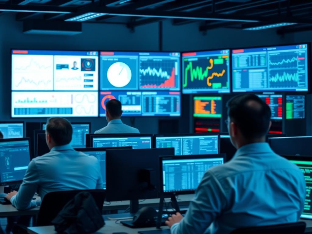 A high-resolution close-up shot of a modern Network Operations Center (NOC) with multiple monitors displaying real-time data and analytics. The room is filled with advanced technology, showcasing technicians actively monitoring network performance. The composition is simple and clear, focusing on the monitors and staff in action, with a subtle background of servers and networking equipment. The lighting is bright and professional, emphasizing a high-tech environment.
