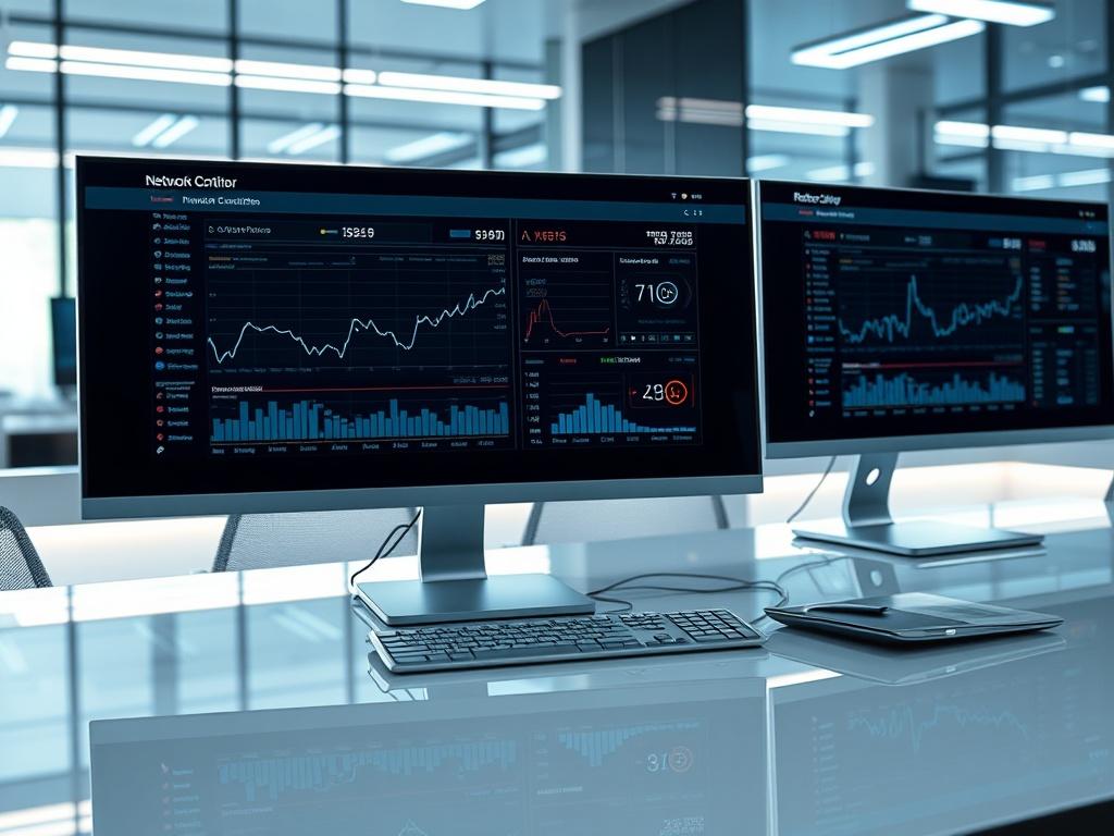 A hyper-realistic high-resolution image of a professional network monitoring setup, featuring a sleek, modern computer screen displaying real-time network traffic data and performance metrics. The environment should be a well-lit, high-tech office with glossy surfaces and luminous highlights, emphasizing a sense of security and efficiency in network management.