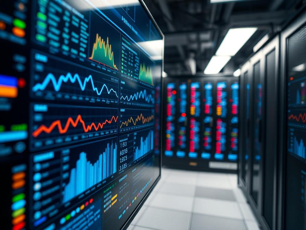A close-up shot of a network monitoring dashboard displaying real-time performance metrics. The background should feature a modern server room or data center, illustrating the complexity of network management. The image should convey a sense of control and efficiency in IT operations.