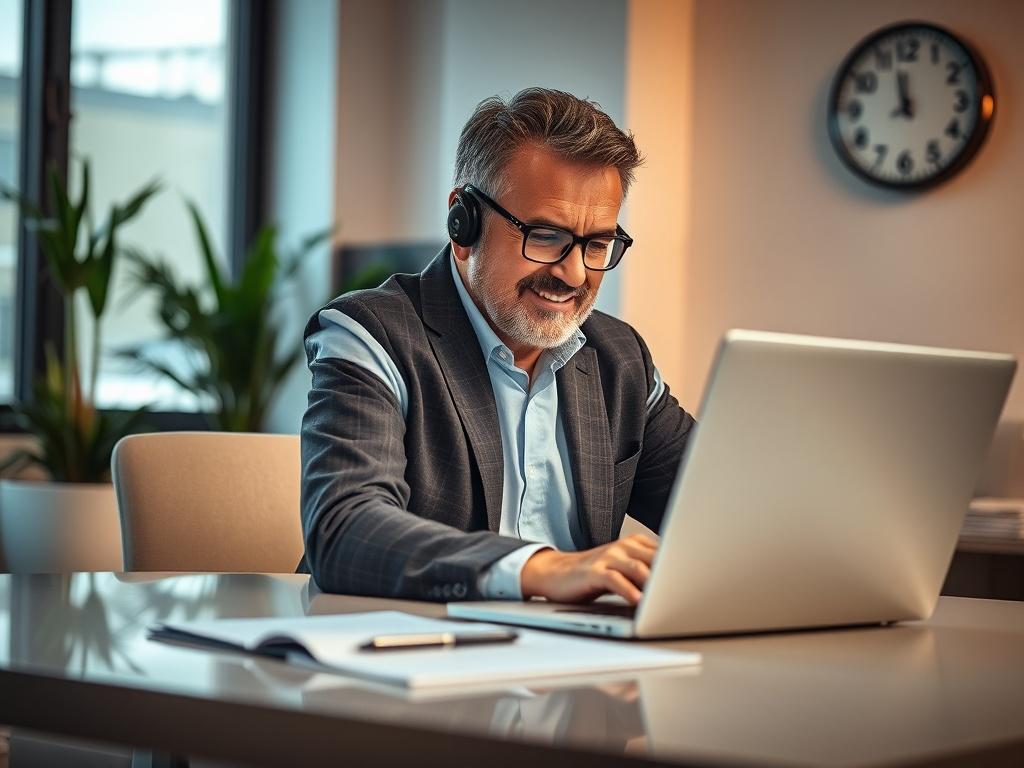 Create a realistic high-resolution photo that captures the essence of remote support in a professional setting. The composition should center around a focused individual, a mid-aged man with a friendly demeanor, seated at a sleek, modern desk. He is engaged with a high-tech laptop, showcasing a remote support software interface on the screen, expressing concentration and efficiency.

In the background, a softly blurred office environment should suggest a productive workspace, with subtle elements like a potted plant and a wall-mounted clock indicating an efficient workflow. The lighting should be warm and inviting, with natural light filtering through a nearby window, casting gentle shadows that enhance the professional ambiance without detracting from the primary subject. 

Ensure the color palette complements the primary color rgb(243, 115, 33) to maintain brand consistency. The overall image should evoke a sense of organization, accessibility, and the benefits of remote support for businesses, emphasizing a smooth and efficient operational flow.