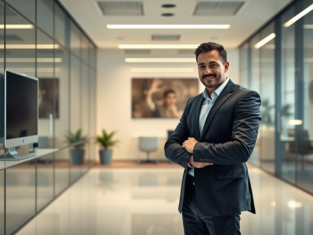 A hyper-realistic high-resolution image depicting a professional individual standing confidently in a modern office space, engaging in a video call with a vendor. The office features sleek, ultra-shiny surfaces, luminous highlights, and a clean background that emphasizes professionalism. The individual is dressed in business attire, exuding a sense of authority and competence. The color scheme incorporates the primary color rgb(243, 115, 33) subtly in the decor.