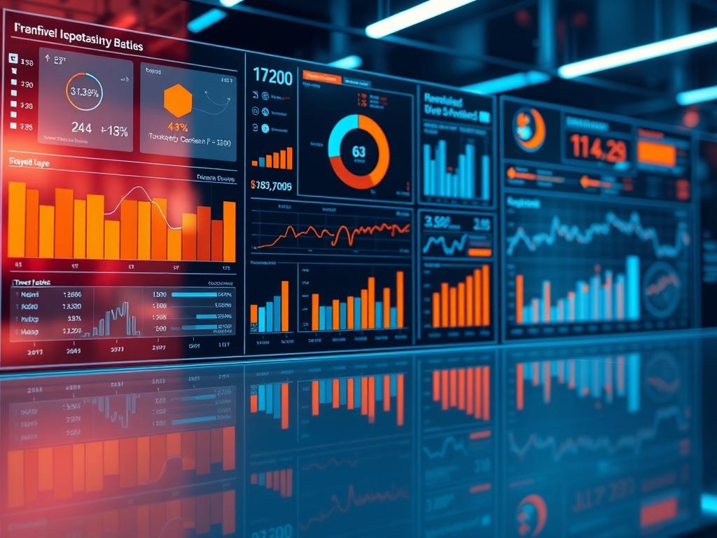 A hyper-realistic high-resolution image of a digital interface displaying various data metrics such as graphs, user profiles, and tracking analytics. The background should be sleek and modern, reflecting a tech-savvy atmosphere, with a glossy finish to highlight the data's importance. The colors should harmonize with the orange tone of rgb(243, 115, 33), creating a vibrant and engaging visual.