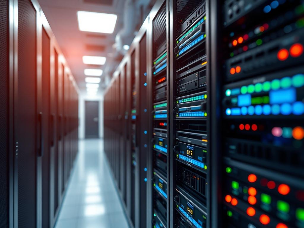 A hyper-realistic close-up shot of a server rack in a modern data center. The server rack should be sleek and well-organized, showcasing various servers and networking equipment with LED lights glowing softly. The background should be blurred to emphasize the server rack, while maintaining a professional and clean look. The color scheme should incorporate the primary color rgb(193, 153, 87). The image should convey a sense of advanced technology and reliability.