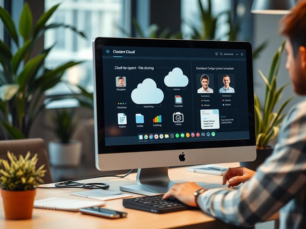 A close-up shot of a desktop computer displaying a cloud file sharing interface with multiple users collaborating on documents. The background should show a modern office space with plants, fostering a sense of teamwork and innovation. The image should be vibrant and engaging, shot with a 45mm f/1.2 lens.