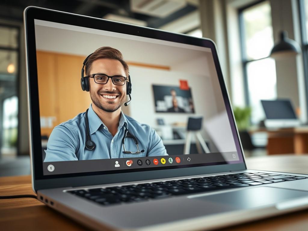 A close-up shot of a laptop screen showing a remote support session in progress, with a smiling technician on video call. The background features a modern office setting with natural light streaming in. The image should evoke professionalism and ease of use, shot with a 45mm f/1.2 lens.