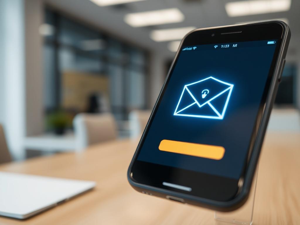 A close-up of a smartphone displaying an email security notification with a digital shield symbol overlay. The background features a blurred office environment, conveying a sense of security and modern technology. The image should highlight the importance of email protection, shot with a 45mm f/1.2 lens.
