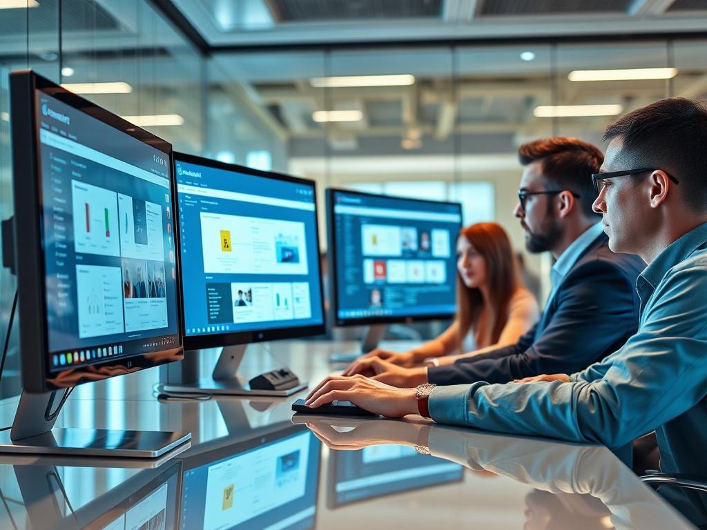 A high-resolution, hyper-glossy image depicting a professional team managing a Microsoft 365 environment on sleek computer screens. The background should be a modern office space with luminous highlights reflecting off the surfaces. The team should be engaged in collaborative work, showcasing a sense of focus and efficiency, while the screens display elements of the Microsoft 365 interface.