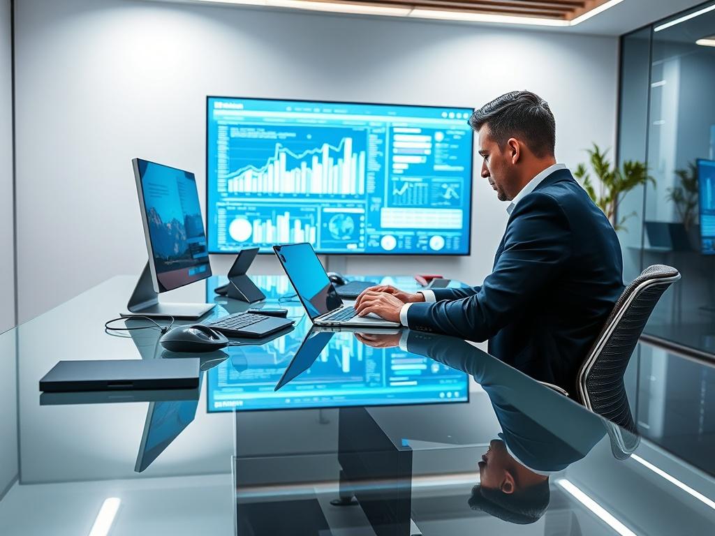 A high-resolution image of a professional sitting at a modern desk with digital devices and technology tools around. The individual is focused on a laptop, and there's a large screen in the background displaying data analytics and cybersecurity visuals. The setting is sleek and contemporary, with a clean background that emphasizes the advanced technology theme. The lighting is bright and emphasizes the shiny surfaces and modern design elements, creating a reflective and polished atmosphere.