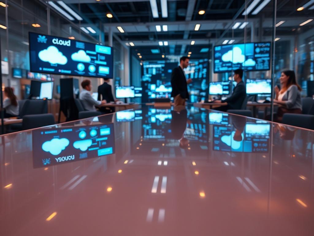 A professional setting showcasing a sleek, modern office environment with a focus on technology and collaboration. The image should feature a high-resolution reflective surface, such as a glass table or polished floor, emphasizing a vibrant atmosphere. The background should include elements like monitors displaying cloud services and team members engaged in a discussion, illustrating the spirit of partnership and innovation within the MSP community.