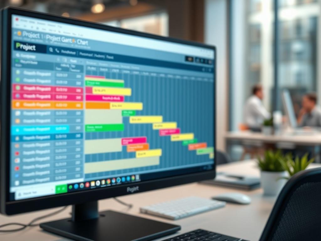 A hyper-realistic close-up shot of a computer screen displaying a colorful project Gantt chart. The chart should be clearly visible with various project tasks and timelines represented in vibrant colors. The background should be a modern office setting with soft lighting to enhance the focus on the screen. The composition should emphasize the details of the Gantt chart while maintaining a professional and organized appearance.