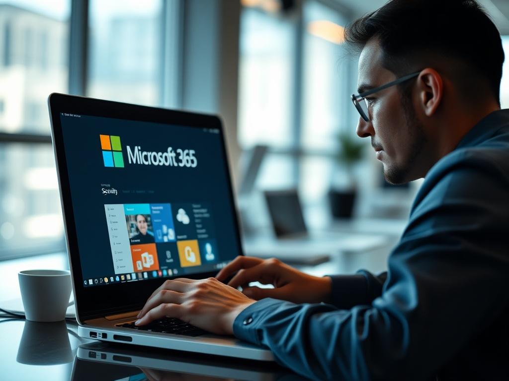 A close-up shot depicting a professional working on a laptop with a serene office background. The person is focused on the screen, which shows the Microsoft 365 interface. Soft natural light illuminates the workspace, highlighting the importance of security in a digital environment. The background is blurred to keep the attention on the laptop and the user, creating a sense of professionalism and trust.