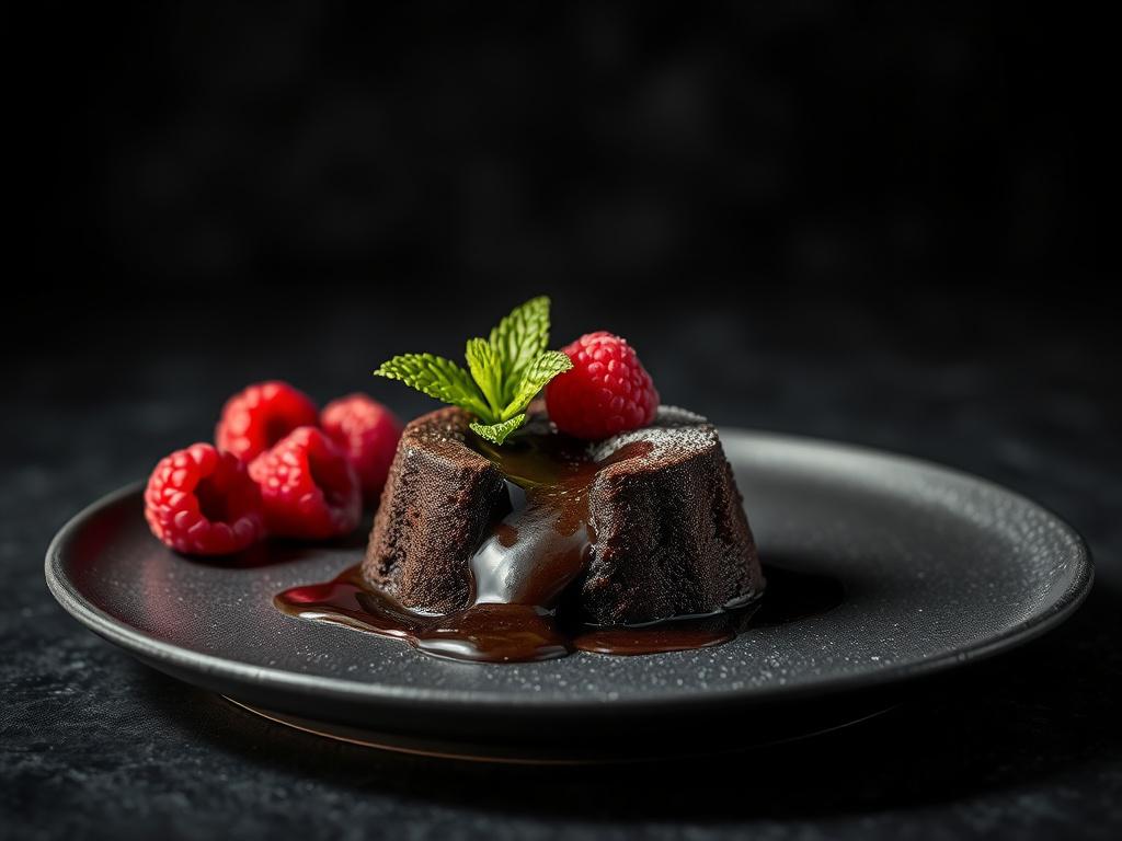 A single, beautifully plated dessert featuring a rich chocolate lava cake with a molten center, garnished with fresh raspberries and a mint leaf. The dessert sits on a dark, matte plate with a soft focus background featuring deep shadows, dramatic lighting, and rich contrasts. The overall atmosphere is intense and inviting, with a hint of the #C31755 primary color subtly reflected in the garnish and plate highlights.