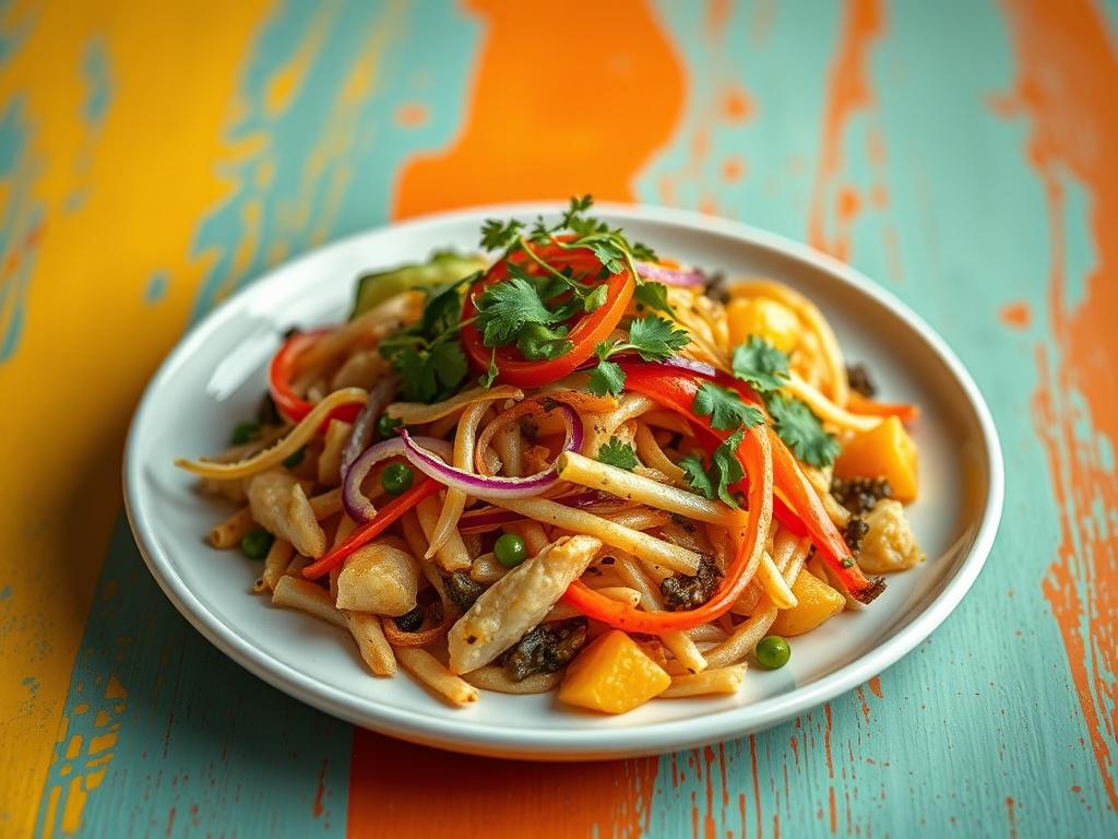 A close up of a vibrant, beautifully plated signature street